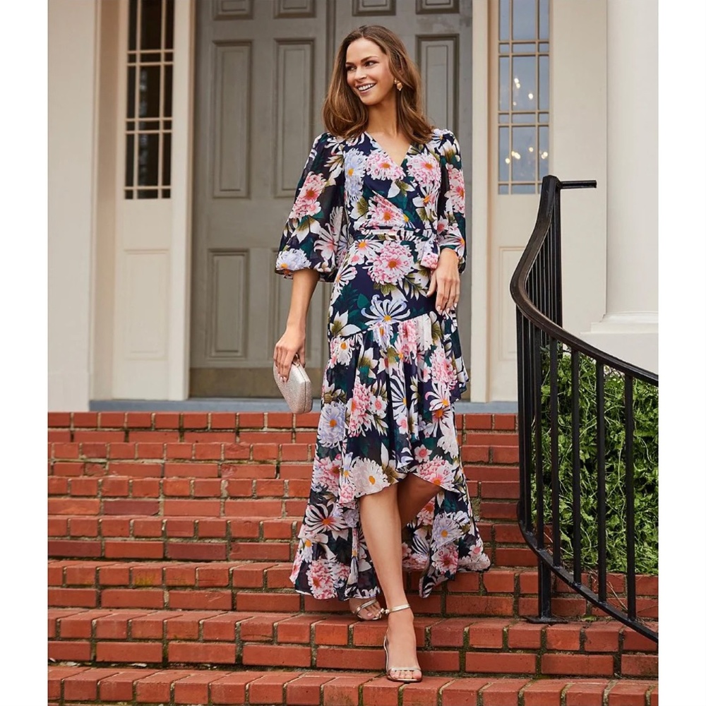 NEW Eliza J Floral Print Long Sleeve High Low Faux Wrap Dress Size 2
